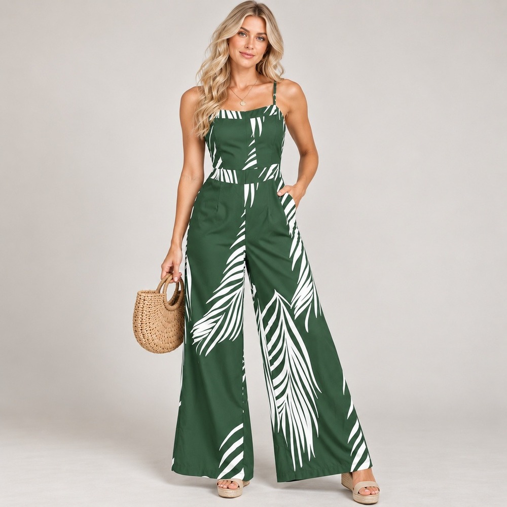 NWT SHEIN VCAY Jumpsuit Womens M 6 Green White Tropical Palm Leaf Wide Leg Strap